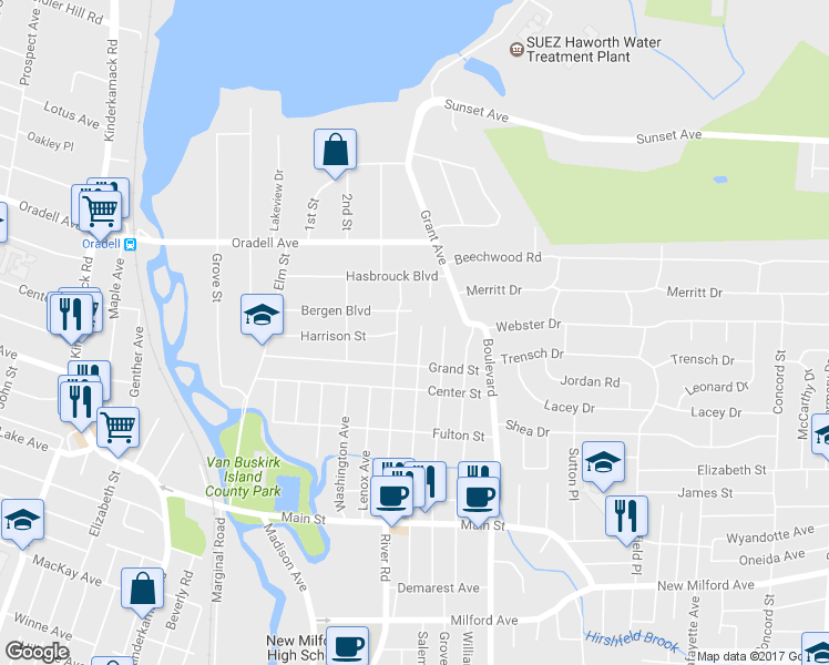 map of restaurants, bars, coffee shops, grocery stores, and more near 56 Prospect Avenue in New Milford