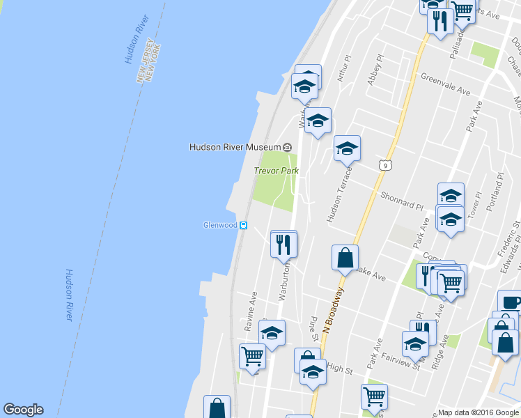 map of restaurants, bars, coffee shops, grocery stores, and more near 201 Ravine Avenue in Yonkers