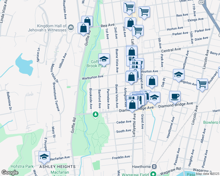 map of restaurants, bars, coffee shops, grocery stores, and more near 65 McKinley Avenue in Hawthorne