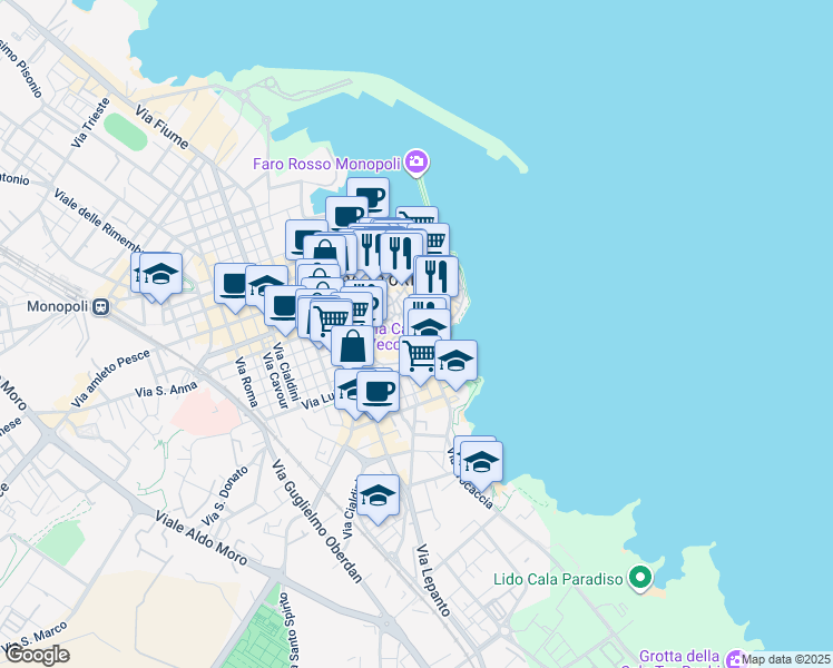 map of restaurants, bars, coffee shops, grocery stores, and more near 46 Via Barbacana in Monopoli