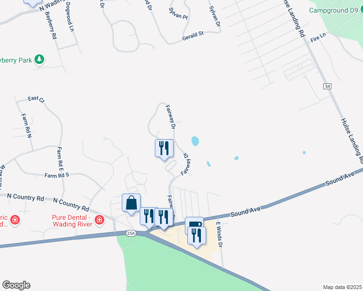 map of restaurants, bars, coffee shops, grocery stores, and more near 92 Fairway Drive in Wading River