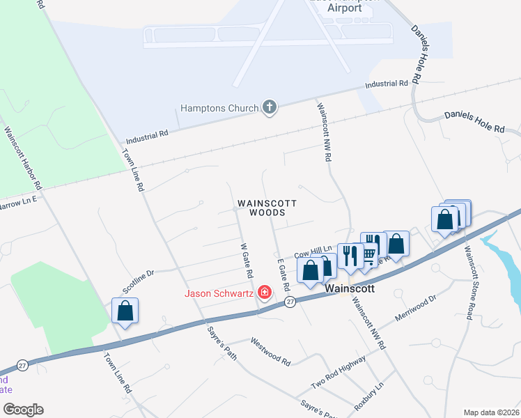 map of restaurants, bars, coffee shops, grocery stores, and more near 33 East Gate Road in Wainscott