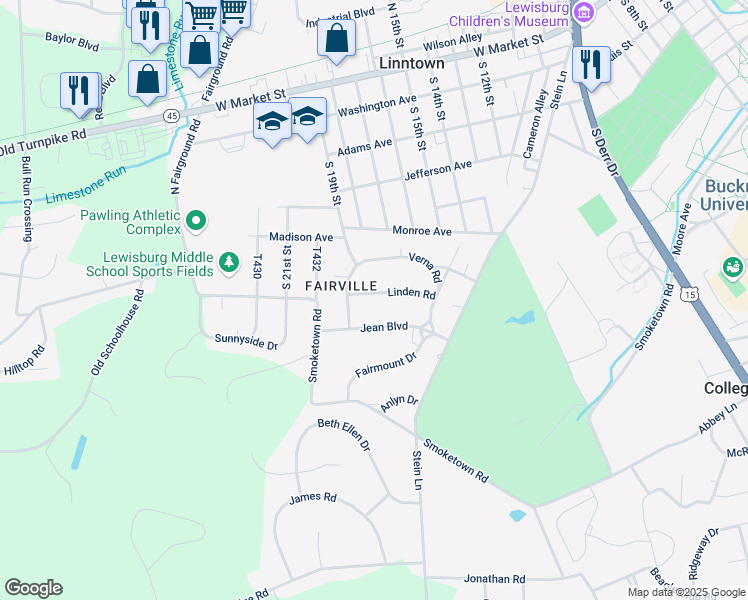 map of restaurants, bars, coffee shops, grocery stores, and more near 141 Linden Road in Lewisburg