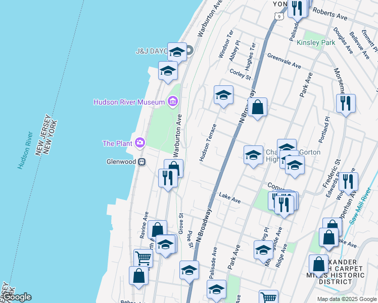 map of restaurants, bars, coffee shops, grocery stores, and more near 92 Philipse Road in Yonkers