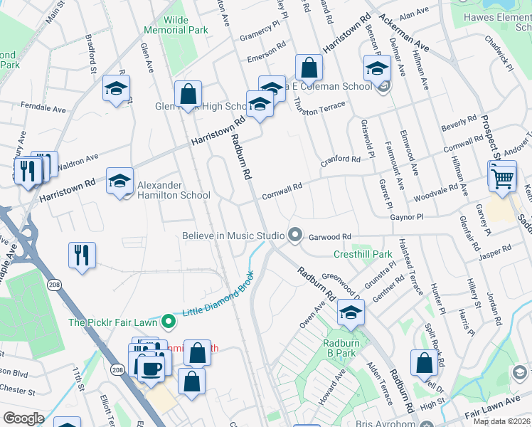 map of restaurants, bars, coffee shops, grocery stores, and more near 117 Radburn Road in Glen Rock