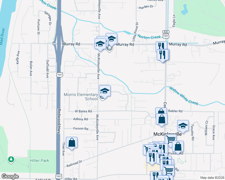 map of restaurants, bars, coffee shops, grocery stores, and more near 1285 Fernwood Drive in McKinleyville