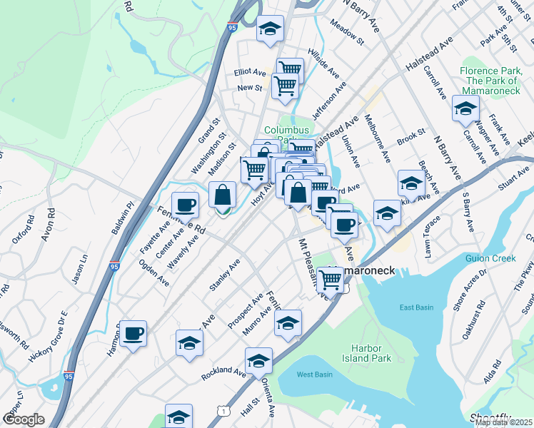 map of restaurants, bars, coffee shops, grocery stores, and more near 419 Maple Avenue in Mamaroneck