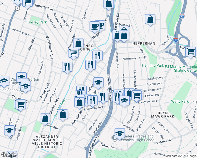 map of restaurants, bars, coffee shops, grocery stores, and more near 103 Colin Street in Yonkers