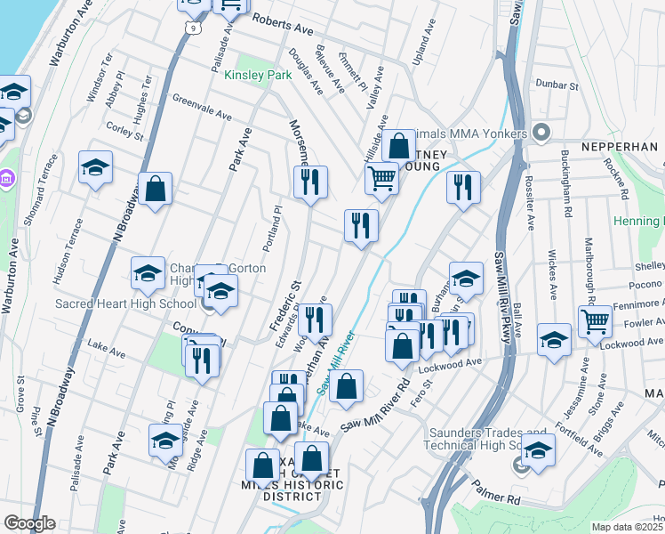 map of restaurants, bars, coffee shops, grocery stores, and more near 370 Edwards Place in Yonkers