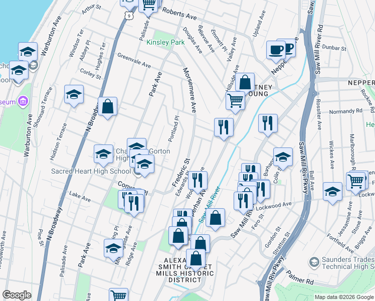 map of restaurants, bars, coffee shops, grocery stores, and more near 354 Sommerville Place in Yonkers