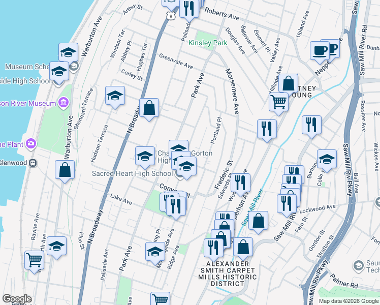 map of restaurants, bars, coffee shops, grocery stores, and more near 6 Amackassin Terrace in Yonkers