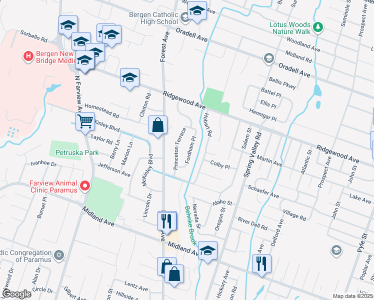map of restaurants, bars, coffee shops, grocery stores, and more near 521 Fordham Place in Paramus