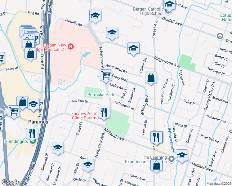 map of restaurants, bars, coffee shops, grocery stores, and more near 219 Sweetbriar Avenue in Paramus