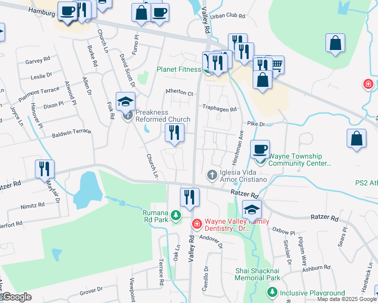 map of restaurants, bars, coffee shops, grocery stores, and more near 1169B Valley Road in Wayne