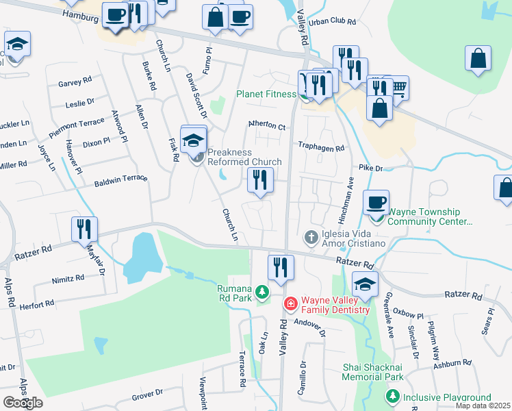 map of restaurants, bars, coffee shops, grocery stores, and more near 95 Manchester Court in Wayne