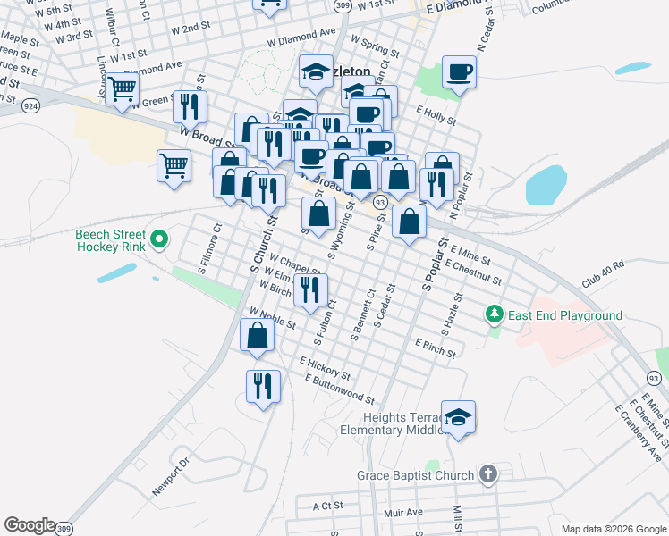 map of restaurants, bars, coffee shops, grocery stores, and more near 4 East Walnut Street in Hazleton