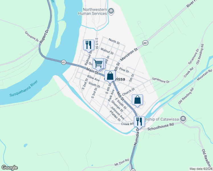 map of restaurants, bars, coffee shops, grocery stores, and more near 135 South 4th Street in Catawissa