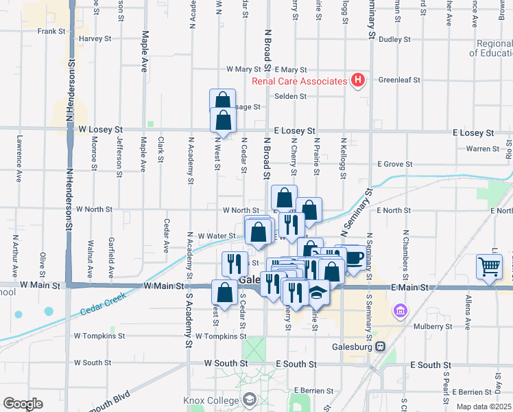 map of restaurants, bars, coffee shops, grocery stores, and more near 301-399 North Cedar Street in Galesburg