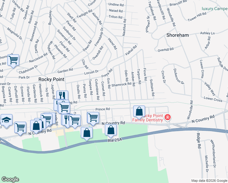 map of restaurants, bars, coffee shops, grocery stores, and more near 14 Comus Road in Rocky Point
