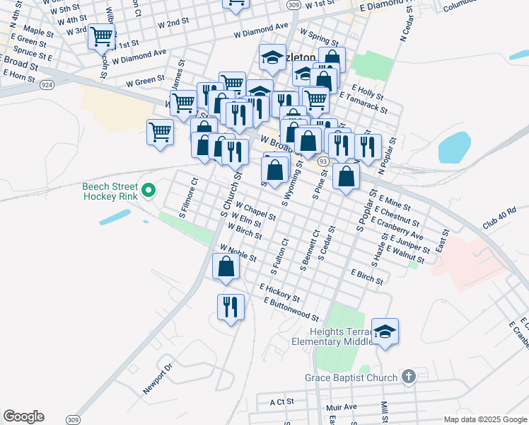 map of restaurants, bars, coffee shops, grocery stores, and more near 25 West Chapel Street in Hazleton