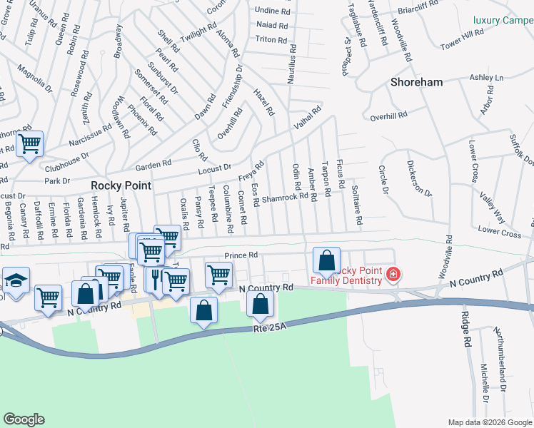 map of restaurants, bars, coffee shops, grocery stores, and more near 14 Comus Road in Rocky Point