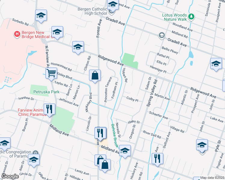 map of restaurants, bars, coffee shops, grocery stores, and more near 521 Fordham Place in Paramus