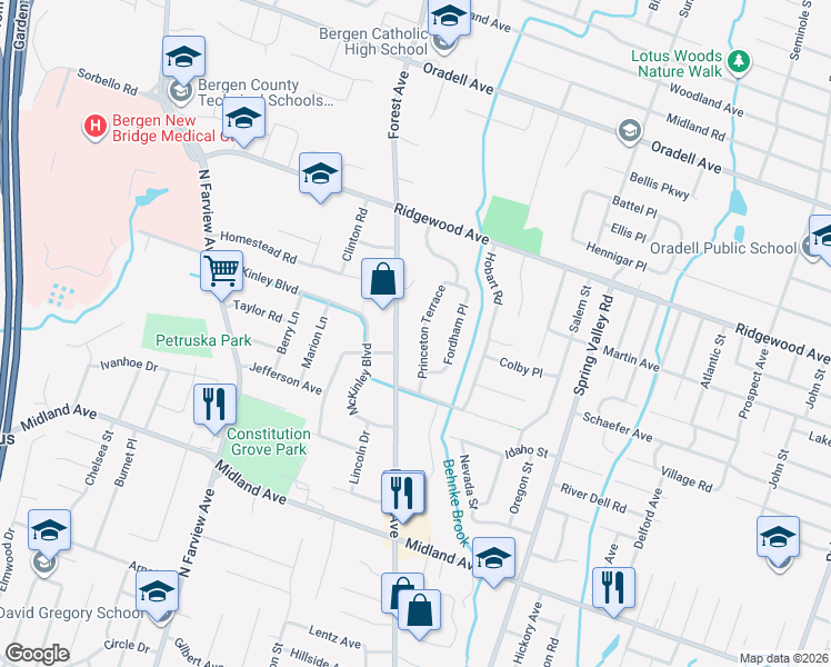 map of restaurants, bars, coffee shops, grocery stores, and more near 515 Princeton Terrace in Paramus