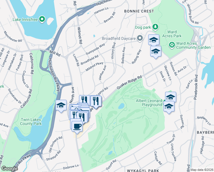 map of restaurants, bars, coffee shops, grocery stores, and more near 126 Taymil Road in New Rochelle
