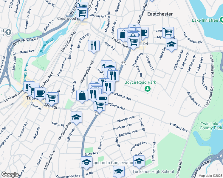 map of restaurants, bars, coffee shops, grocery stores, and more near 326 White Plains Road in Eastchester