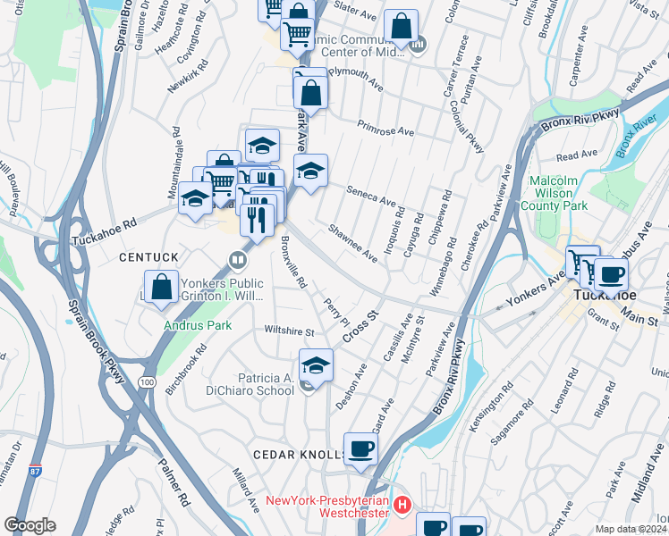 map of restaurants, bars, coffee shops, grocery stores, and more near 750 Tuckahoe Road in Yonkers