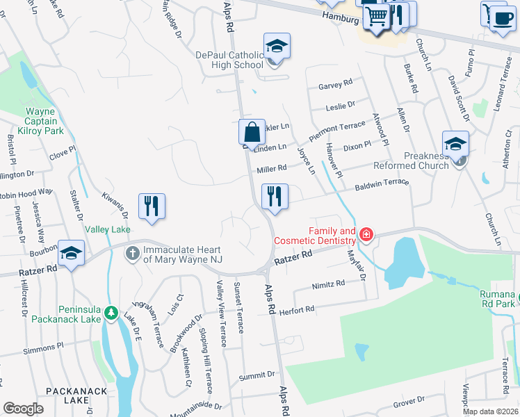 map of restaurants, bars, coffee shops, grocery stores, and more near 1331 County Road 504 in Wayne