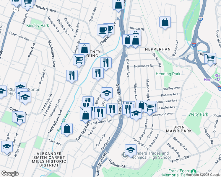 map of restaurants, bars, coffee shops, grocery stores, and more near 103 Colin Street in Yonkers