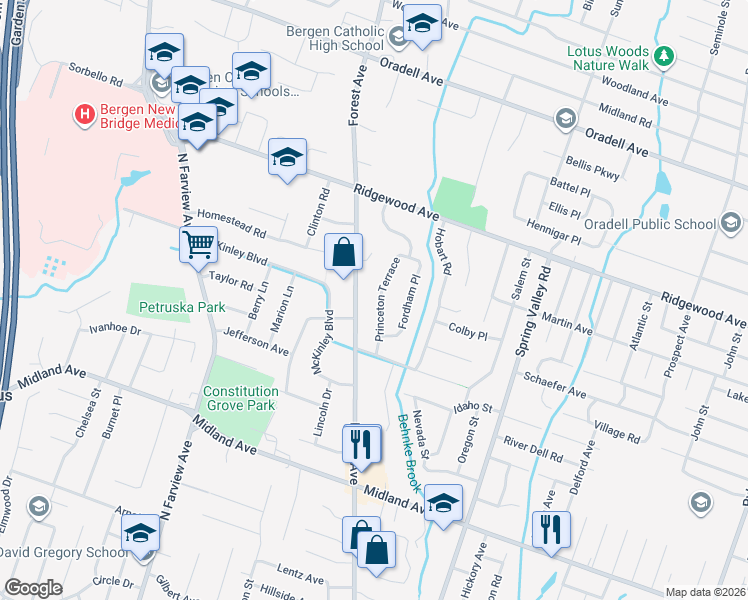 map of restaurants, bars, coffee shops, grocery stores, and more near 515 Princeton Terrace in Paramus