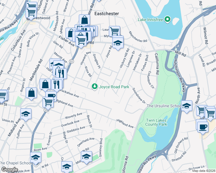 map of restaurants, bars, coffee shops, grocery stores, and more near 18 Dorchester Road in Eastchester