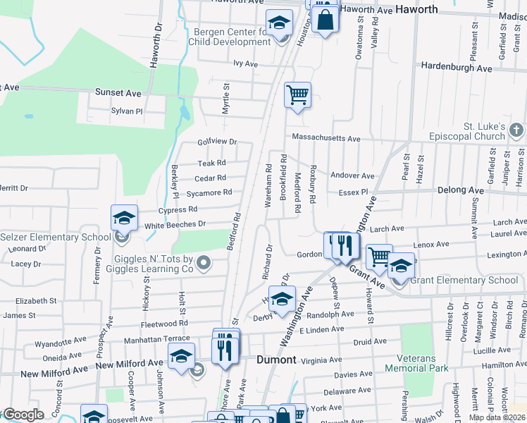 map of restaurants, bars, coffee shops, grocery stores, and more near 8 Wareham Road in Dumont