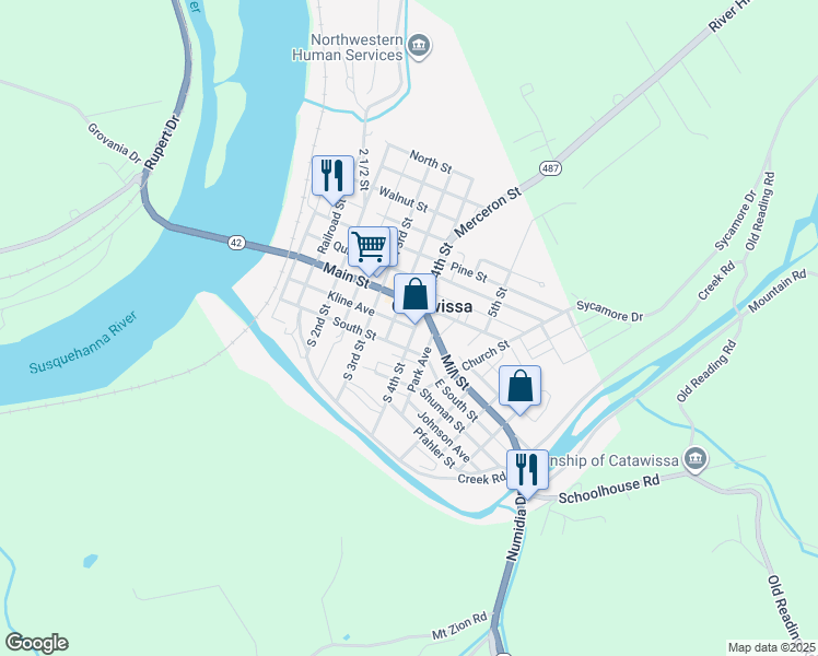 map of restaurants, bars, coffee shops, grocery stores, and more near 135 South 4th Street in Catawissa