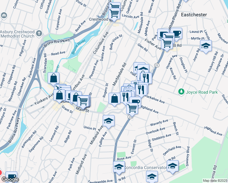 map of restaurants, bars, coffee shops, grocery stores, and more near 66 Marbledale Road in Tuckahoe