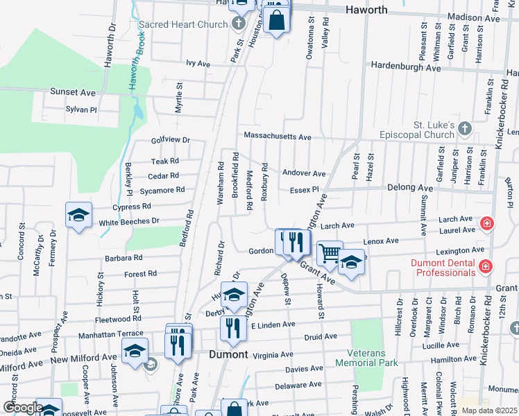 map of restaurants, bars, coffee shops, grocery stores, and more near 33 Medford Road in Dumont