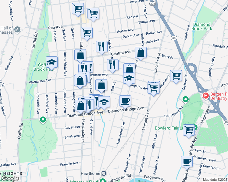 map of restaurants, bars, coffee shops, grocery stores, and more near 15 Oak Place in Hawthorne
