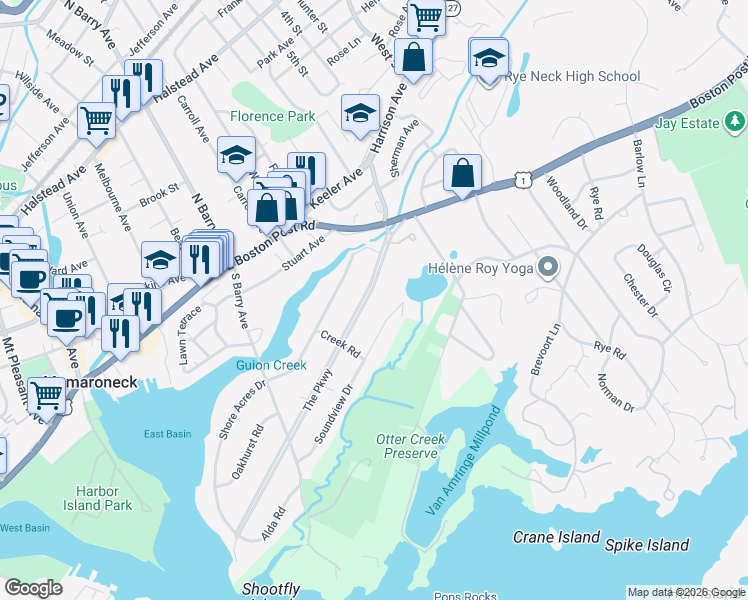 map of restaurants, bars, coffee shops, grocery stores, and more near 955 The Parkway in Mamaroneck