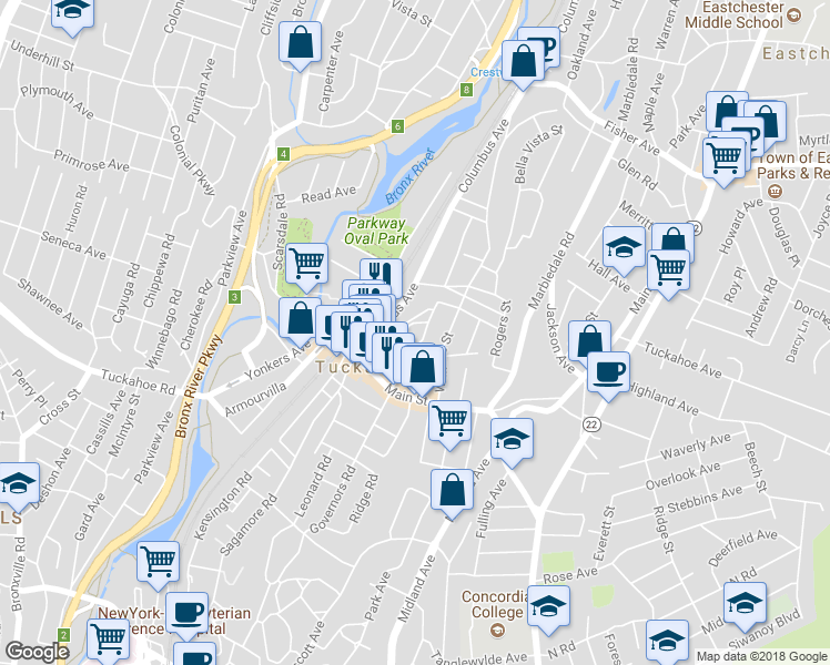 map of restaurants, bars, coffee shops, grocery stores, and more near 20 Clinton Place in Tuckahoe