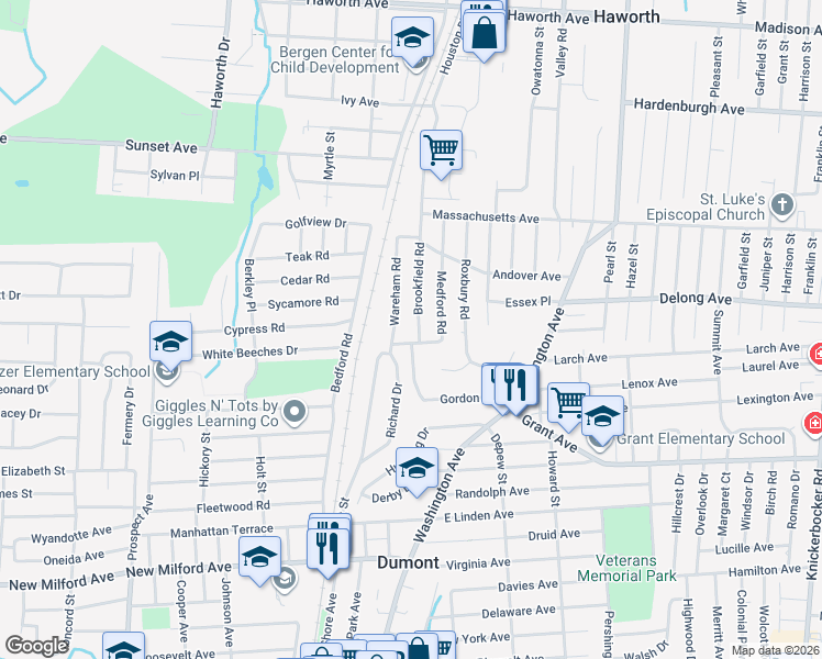 map of restaurants, bars, coffee shops, grocery stores, and more near 10 Brookfield Road in Dumont