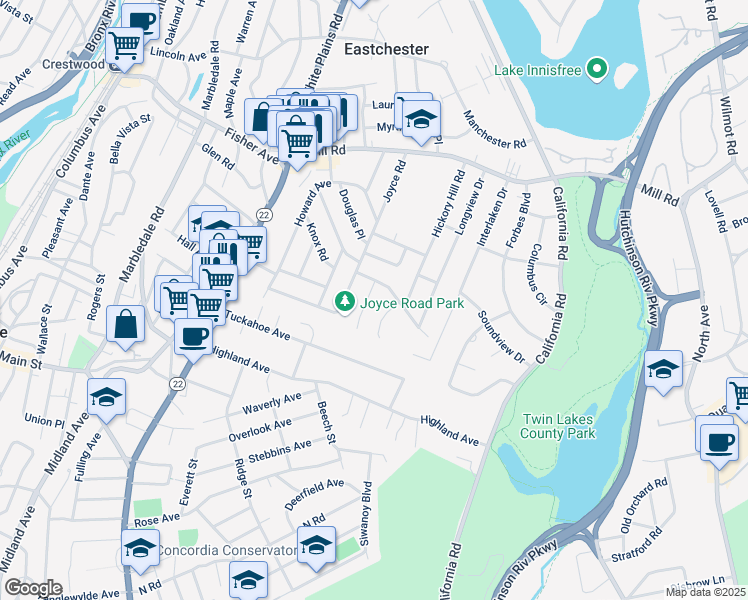 map of restaurants, bars, coffee shops, grocery stores, and more near 6 Darcy Lane in Eastchester