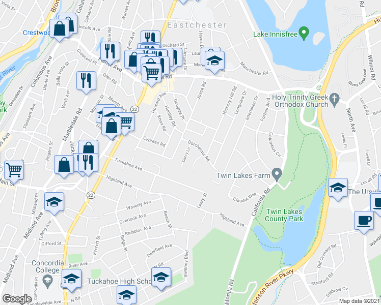 map of restaurants, bars, coffee shops, grocery stores, and more near 8 Darcy Lane in Eastchester