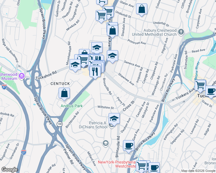 map of restaurants, bars, coffee shops, grocery stores, and more near 506 Bronxville Road in Yonkers