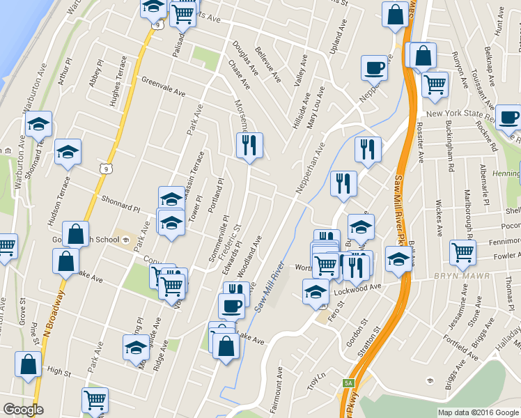 map of restaurants, bars, coffee shops, grocery stores, and more near 370 Edwards Place in Yonkers