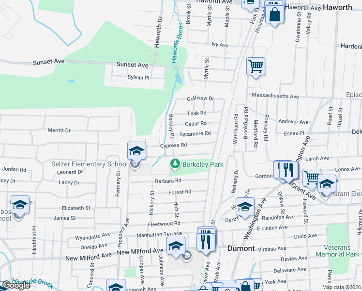 map of restaurants, bars, coffee shops, grocery stores, and more near 74 Cypress Road in Dumont