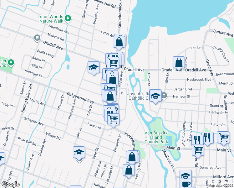 map of restaurants, bars, coffee shops, grocery stores, and more near 323 Maple Avenue in Oradell