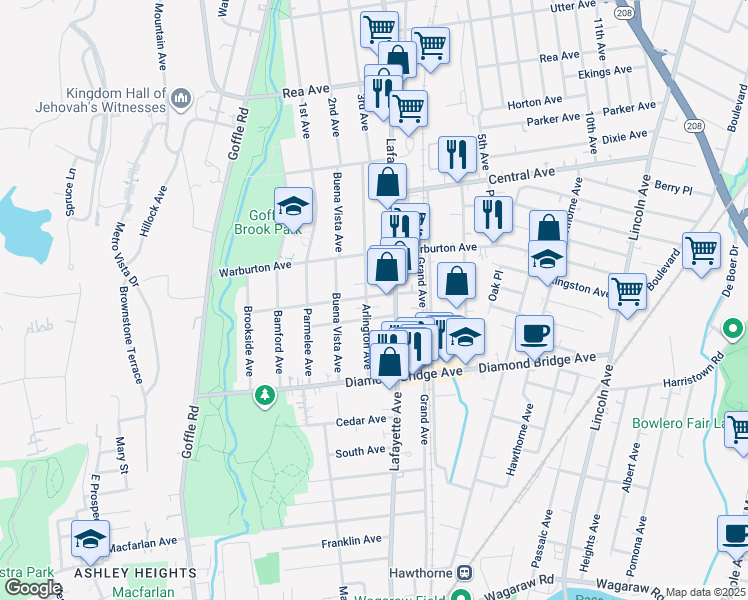 map of restaurants, bars, coffee shops, grocery stores, and more near 78 Arlington Avenue in Hawthorne