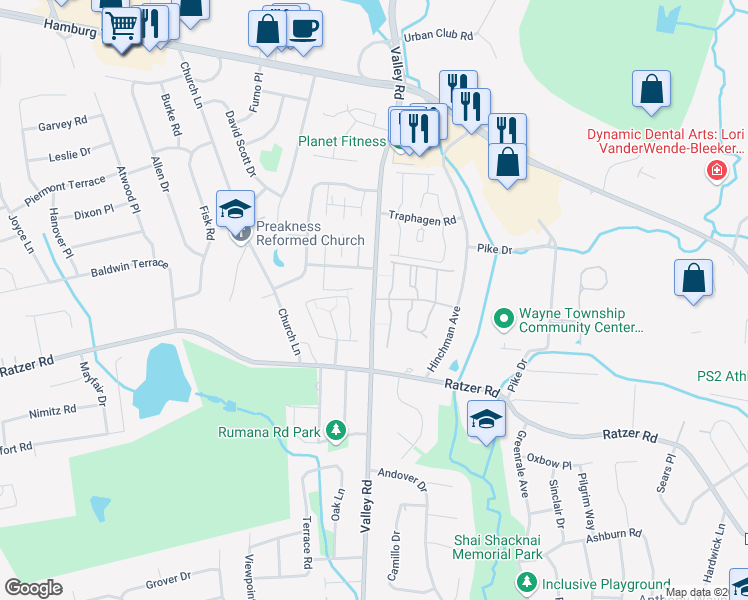 map of restaurants, bars, coffee shops, grocery stores, and more near 1169B Valley Road in Wayne